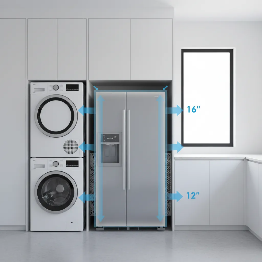 refrigerator ventilation clearance around appliance in laundry room