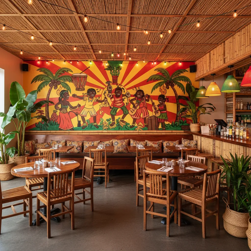 Reggae inspired restaurant decor with murals and tropical materials
