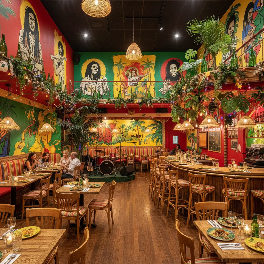 Colorful reggae themed restaurant interior with murals and Caribbean decor