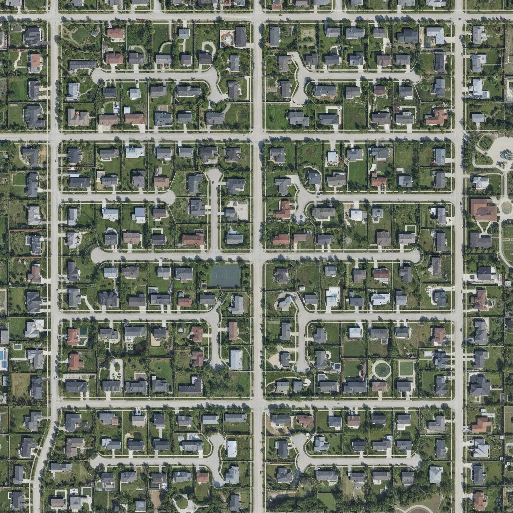 Neighborhood aerial showing different residential lot sizes