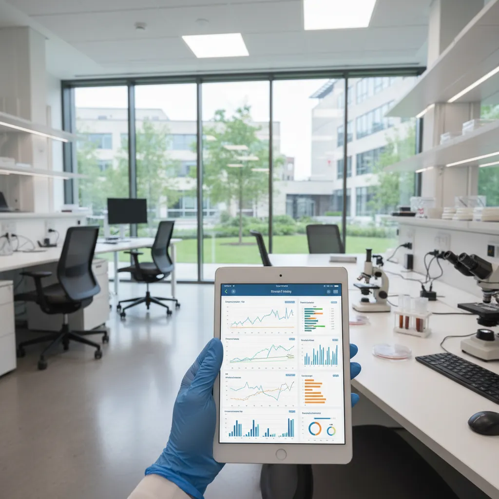 Hand in blue glove holding white tablet showing colorful charts in office with glass windows