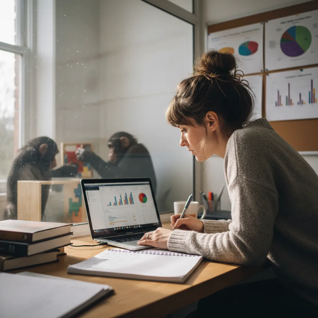 Woman at desk using laptop with charts while two chimpanzees play behind glass in background