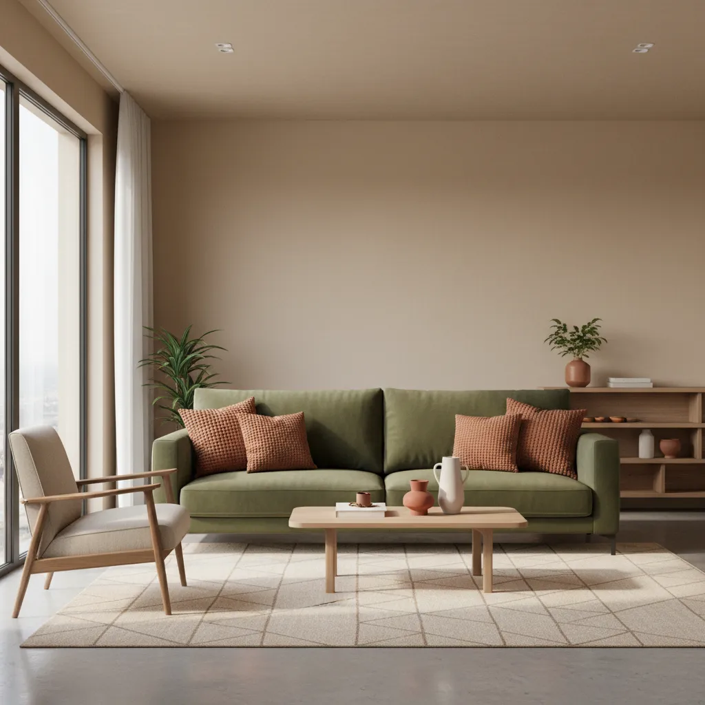 Sala de estar mostrando la regla 60-30-10 en la distribución de colores