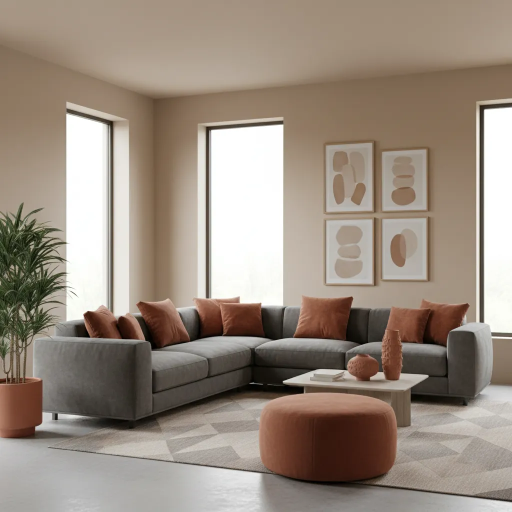 Sala de estar ilustrando la regla 60 30 10 con colores neutros y acentos