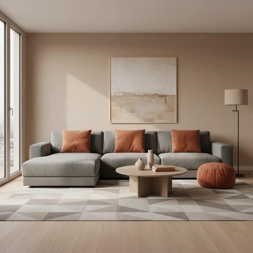 Modern living room with grey sofa orange cushions round coffee table geometric rug and painting