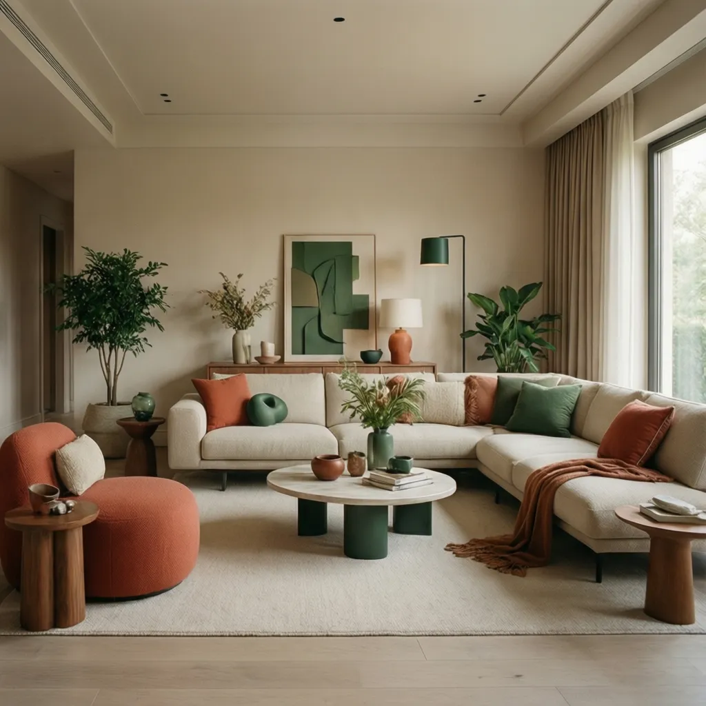 Interior equilibrado con combinación de colores neutros y acentos terracota