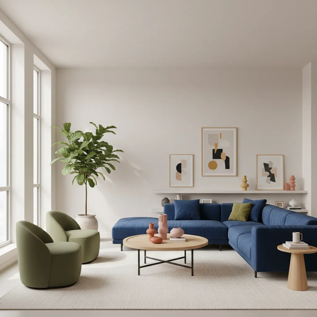 Modern living room with large blue sofa two green chairs round wooden table and plant