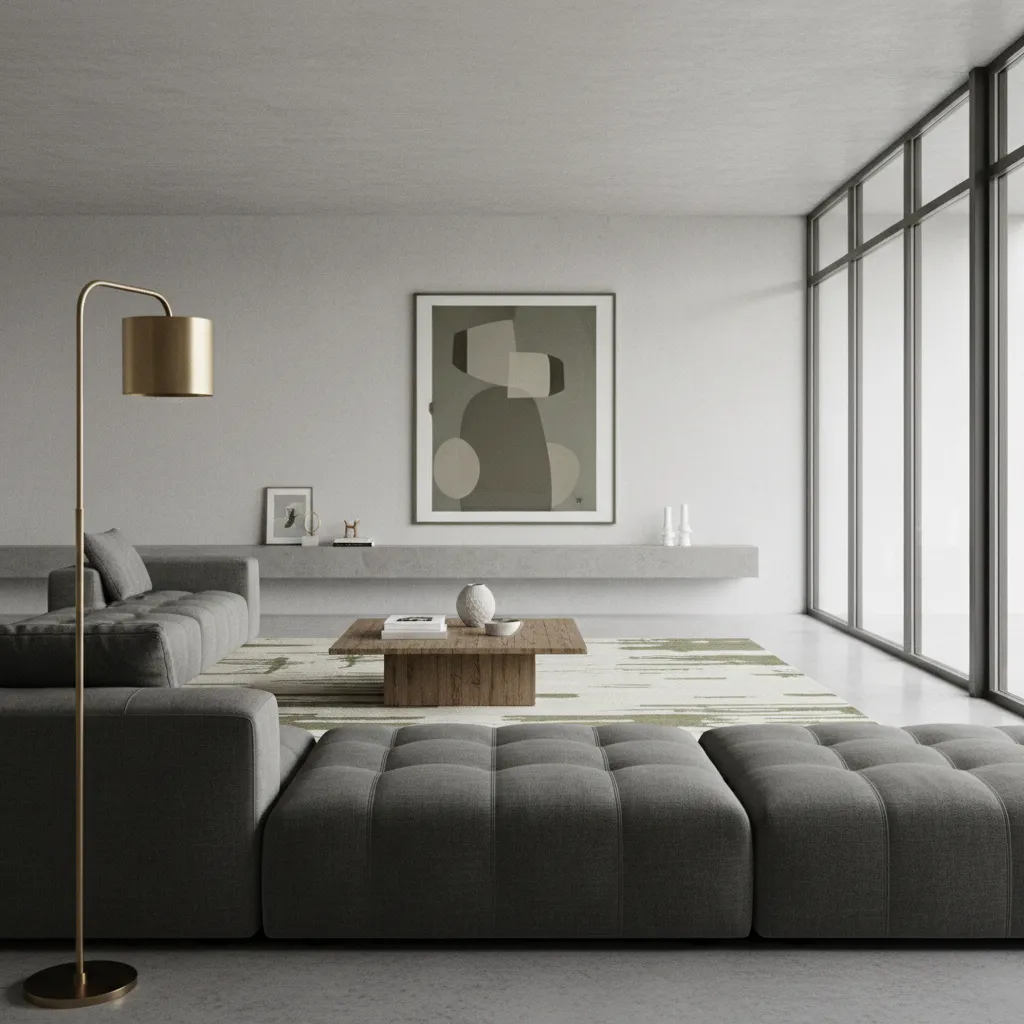 Composición interior aplicando la regla de los tercios con sofá y lámpara