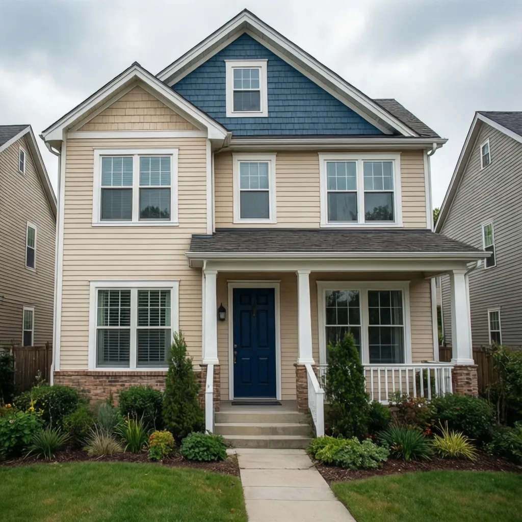 Suburban two story house with cream siding blue front door white porch and blue roof