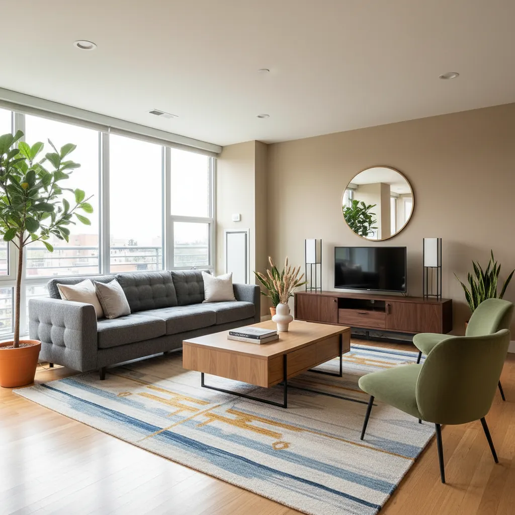 Living room featuring grey sofa, wooden coffee table, colorful rug, green chairs, and round mirror