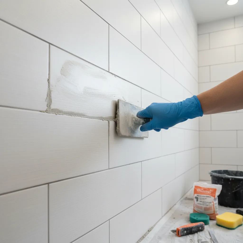 Regrouting bathroom tiles with fresh grout applied between ceramic tiles