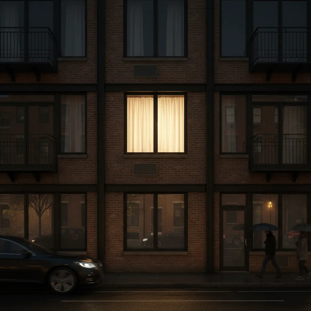 Apartment window with regular curtains glowing from indoor lighting at night