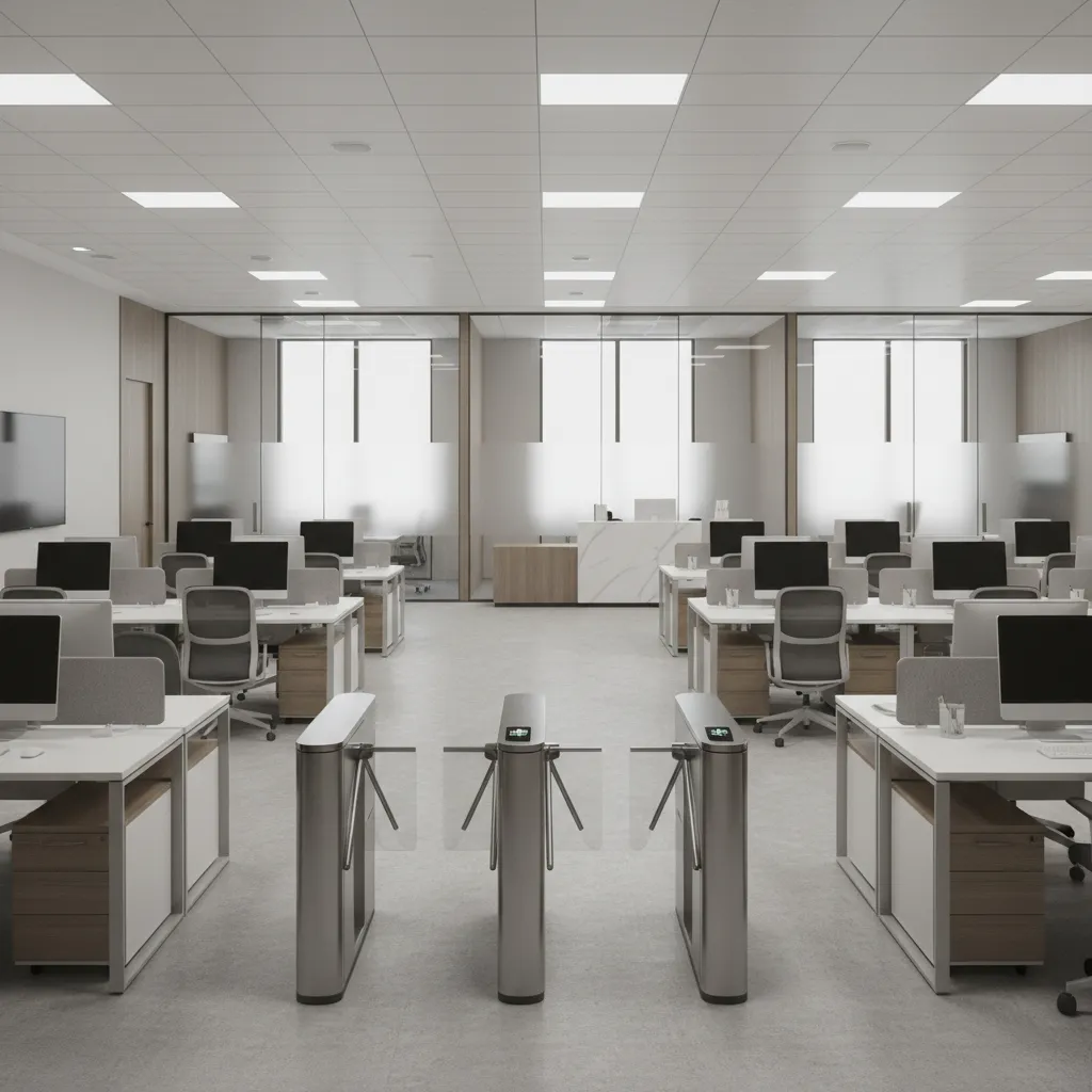 Modern regulated financial office workspace with controlled access and organized desk layout