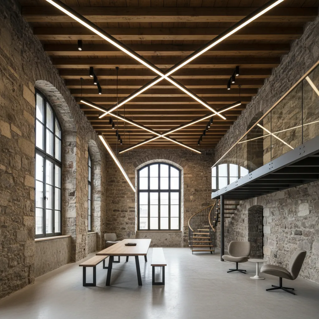 Historic stone room with wooden ceiling long table benches spiral staircase and modern ceiling lights