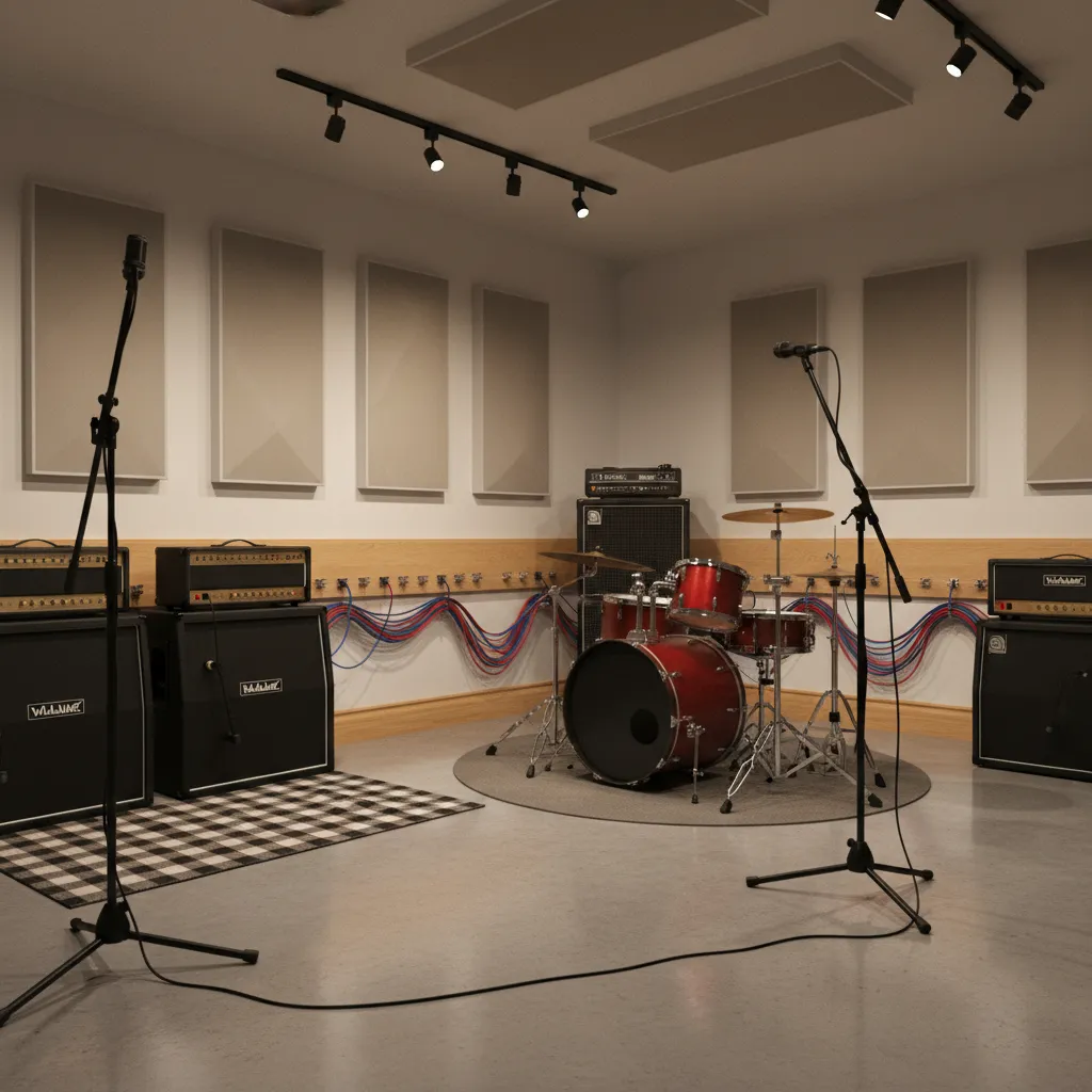 Instrument cables routed neatly along rehearsal room wall using clips