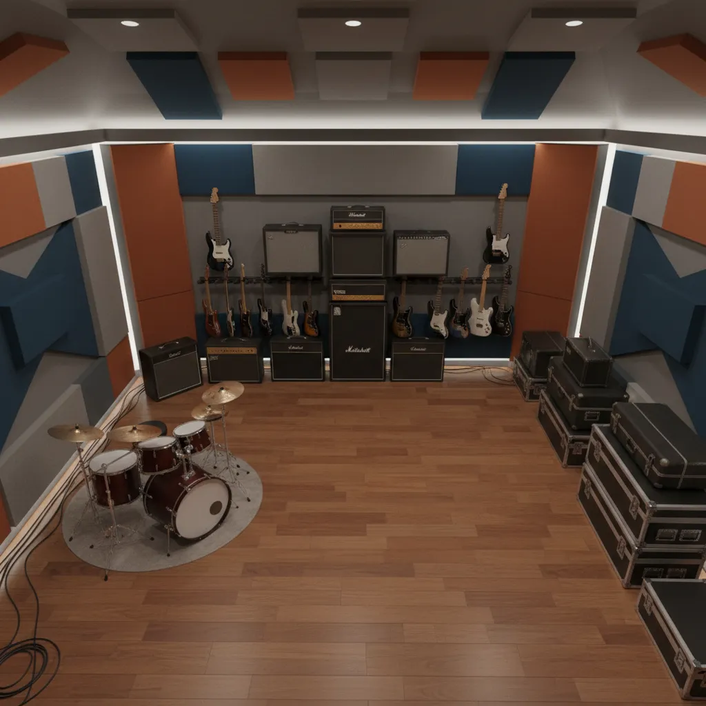 rehearsal room layout showing equipment zones for drums amps and storage