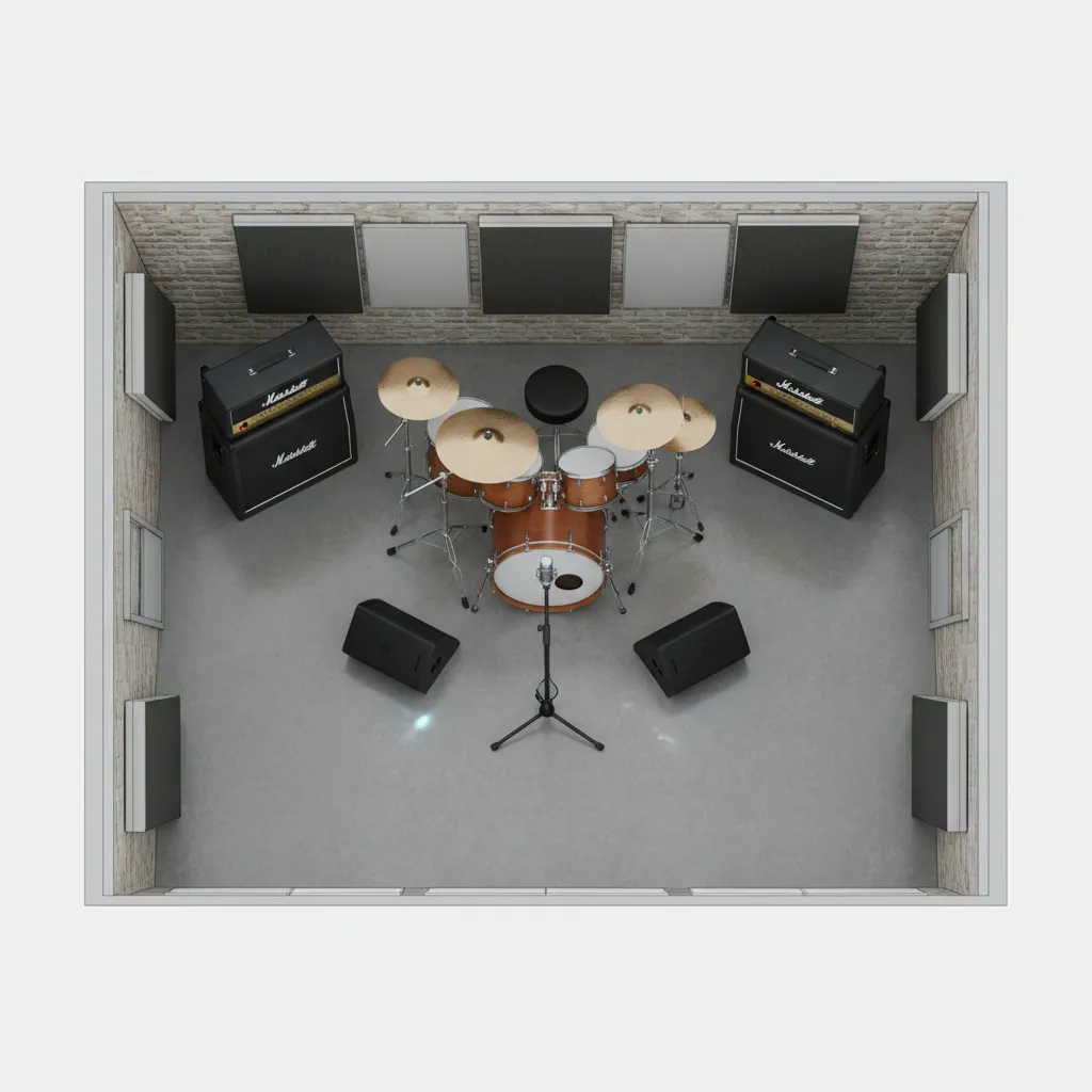 Top view rehearsal studio layout showing drum centered and amps around