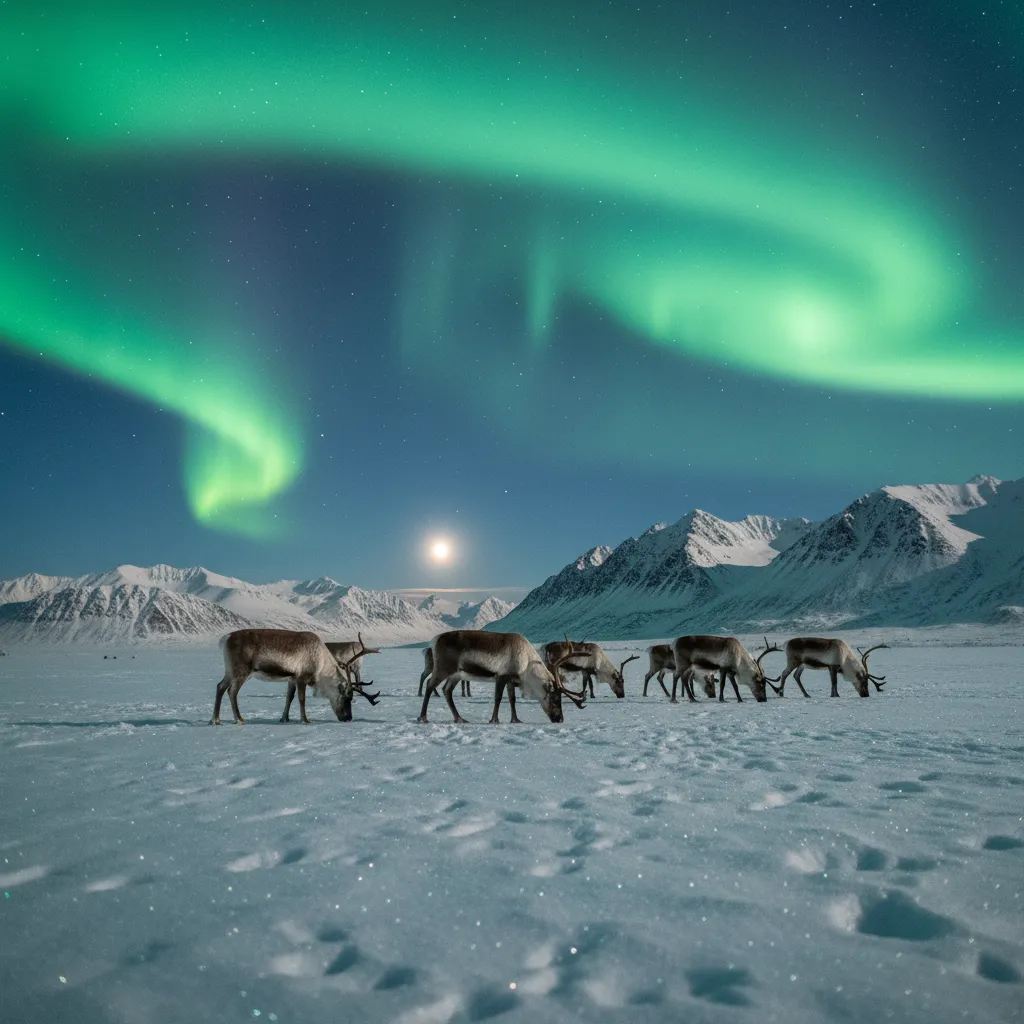 Reindeer herd grazing in snowy tundra with aurora borealis overhead