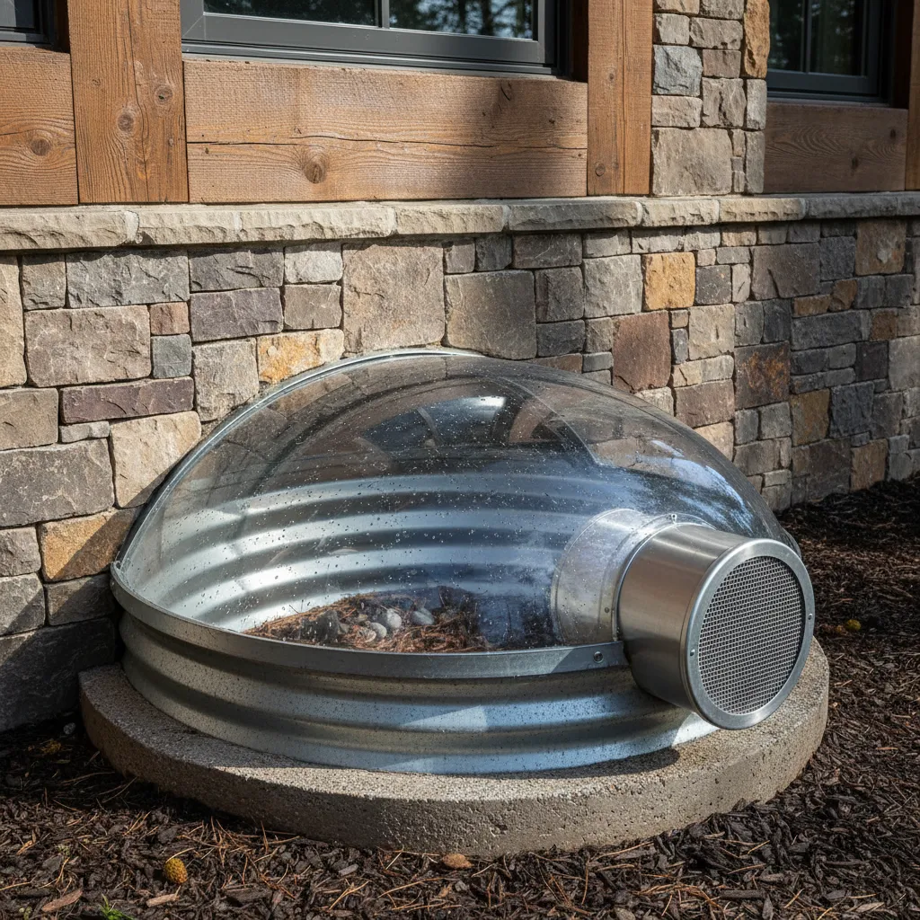 Clear dome basement window cover with metal air vent on a stone and wood wall