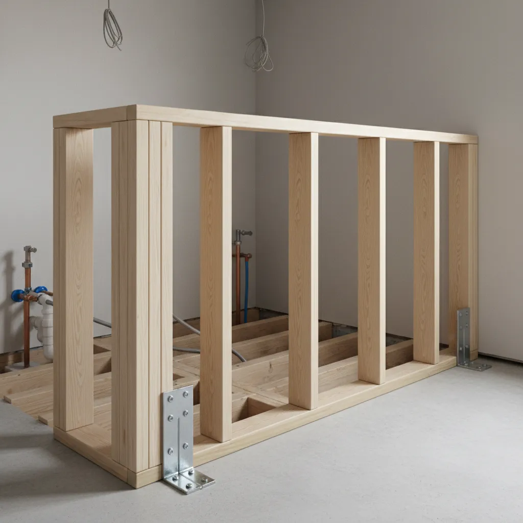 Framing reinforcement inside a bathroom pony wall with floor anchoring