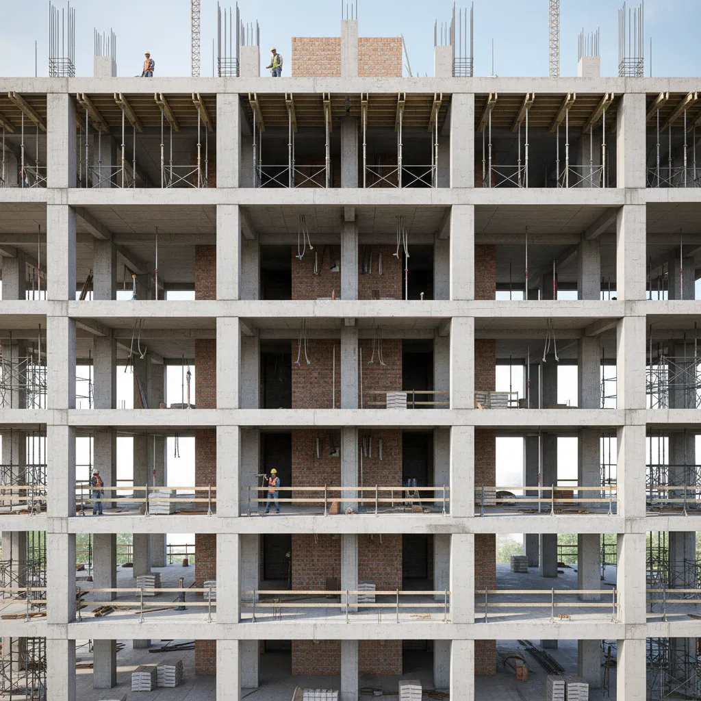 Reinforced concrete frame structure with columns and beams for residential construction