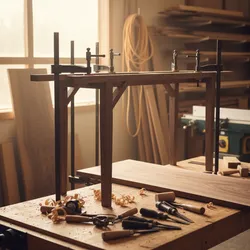 Wooden table being made with clamps on workbench featuring many tools and soft natural light
