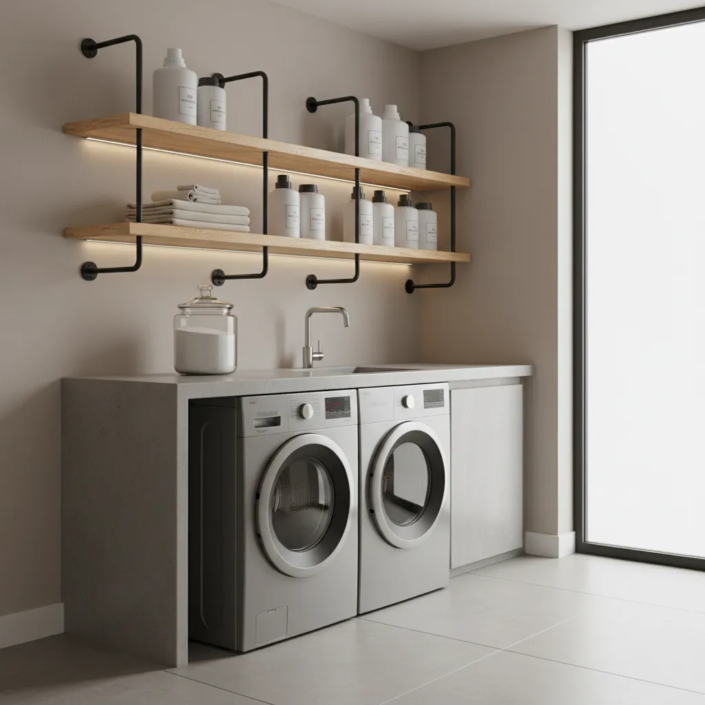 Reinforced corner shelf with metal brackets supporting heavy laundry supplies