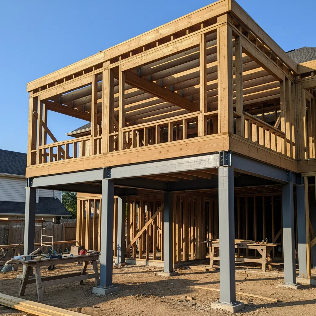 Reinforced deck framing with steel beams supporting an upper level sunroom enclosure