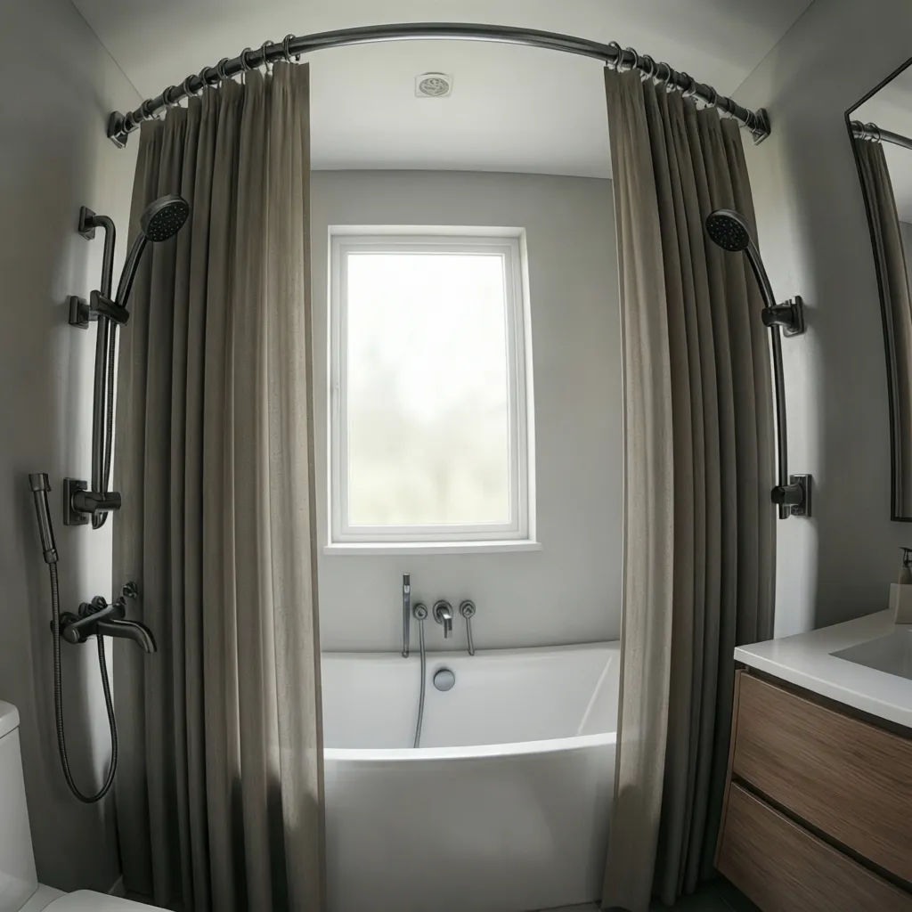 reinforced curved shower rod with wall brackets preventing sagging