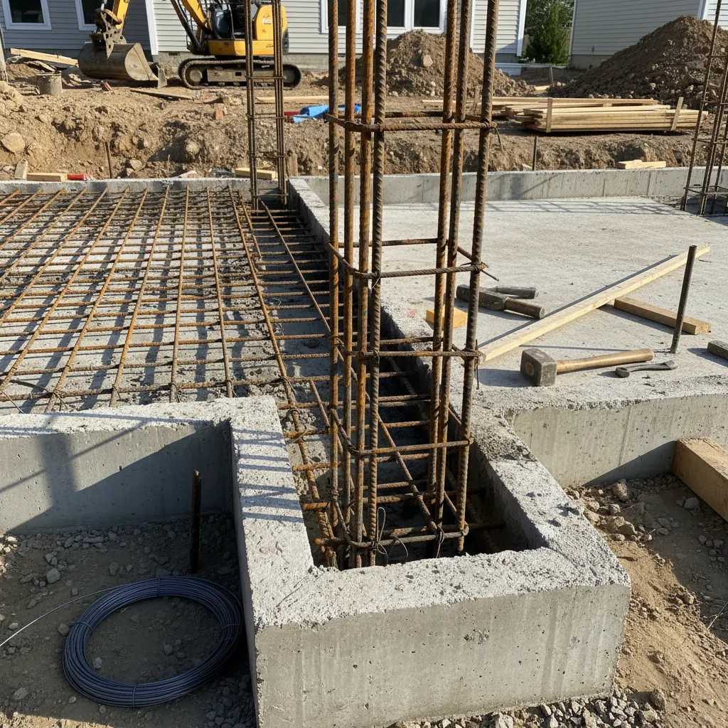 Concrete foundation with steel reinforcement for a two-story house