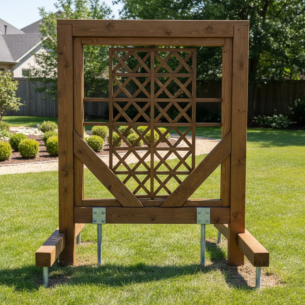 Backyard decoration reinforced with hidden support brace and ground anchors
