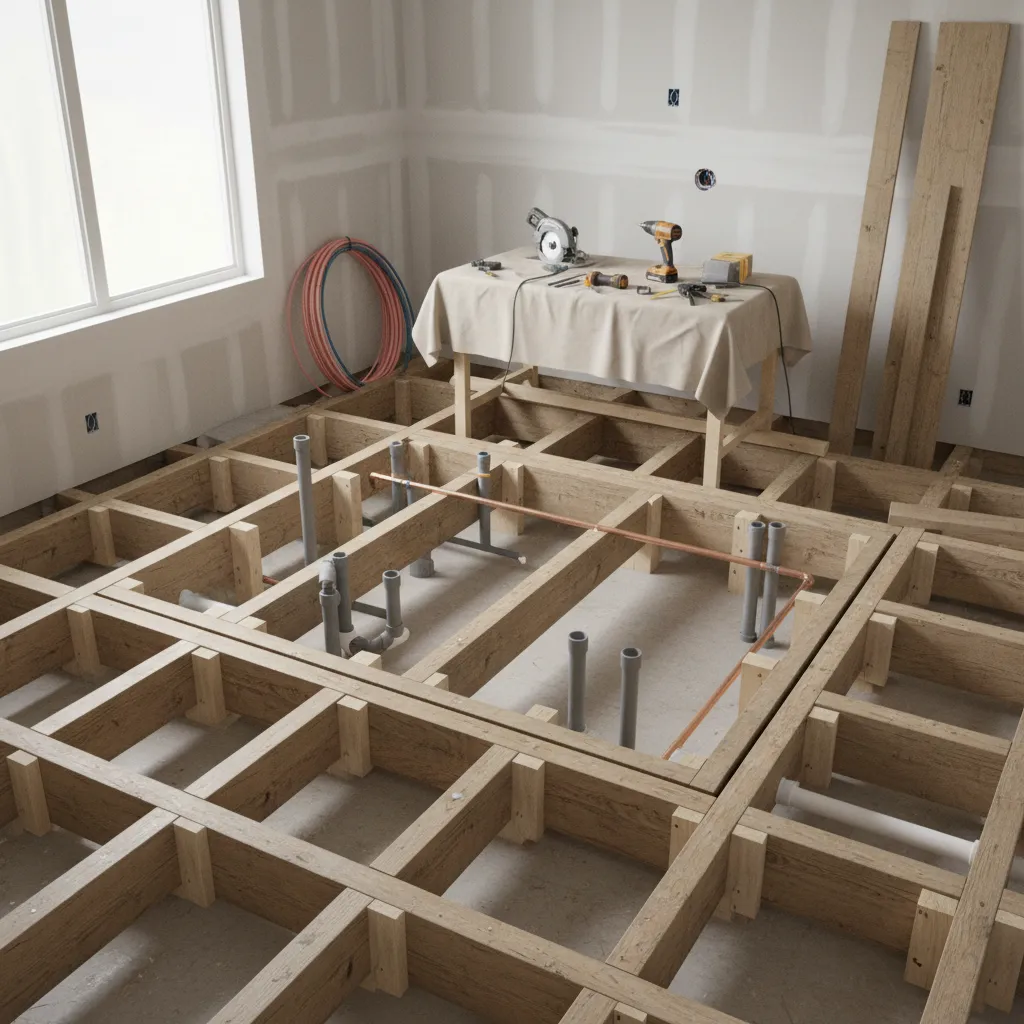 Reinforced floor joists and blocking installed beneath freestanding bathtub area