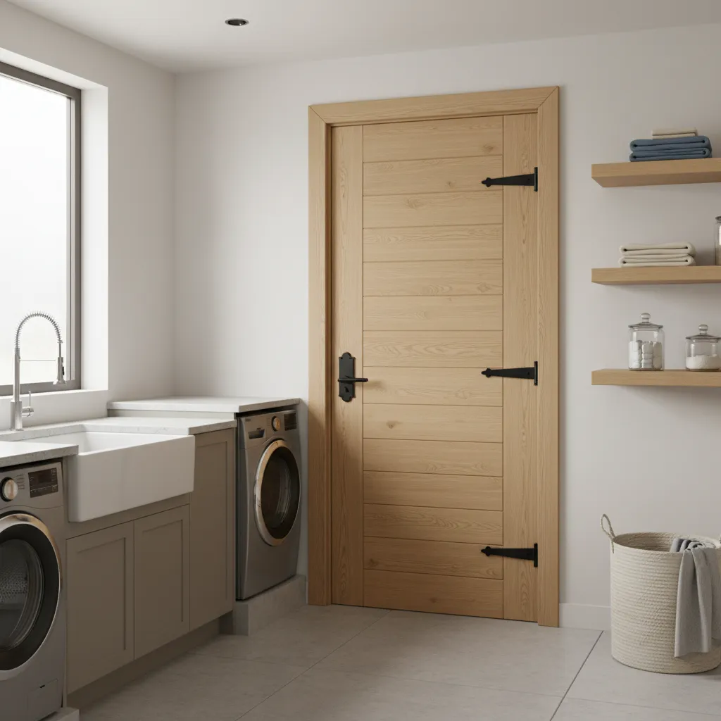 Solid reinforced door installed in a laundry room for tornado protection