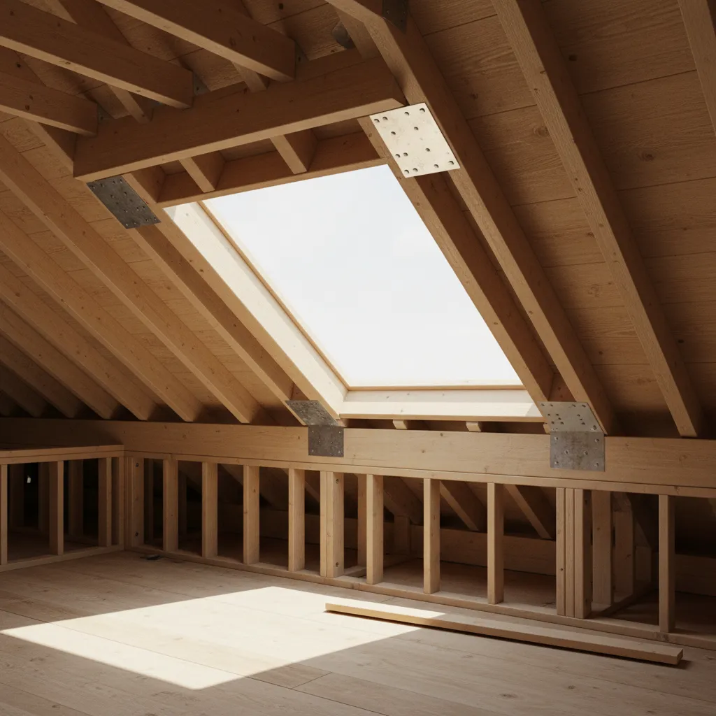 Reinforced roof rafters and headers prepared for dormer installation
