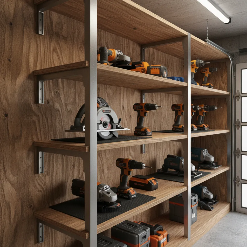 reinforced plywood shelves in a power tool cabinet supporting heavy saws and grinders