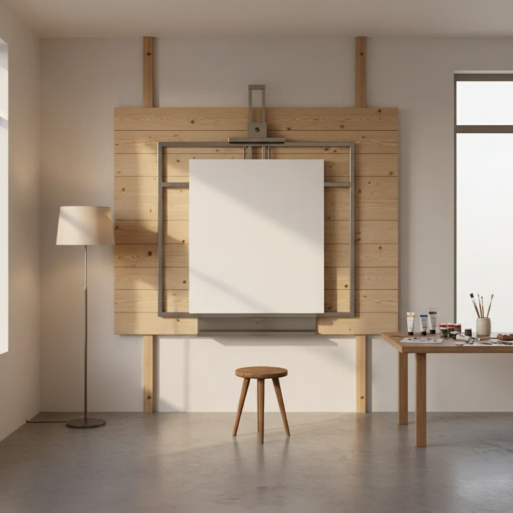 Wall easel mounted on wooden backer board across wall studs