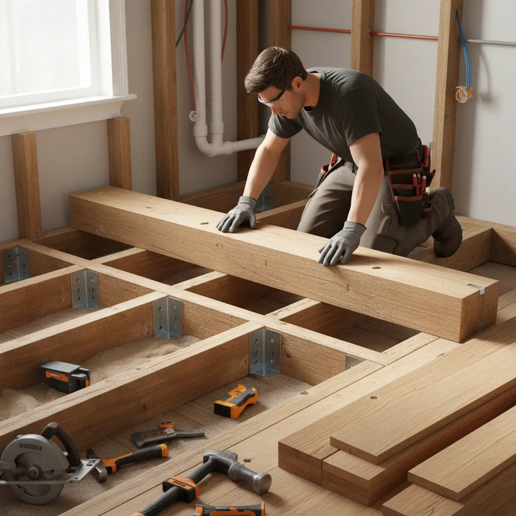 Contractor reinforcing bathroom floor joists with sister joists