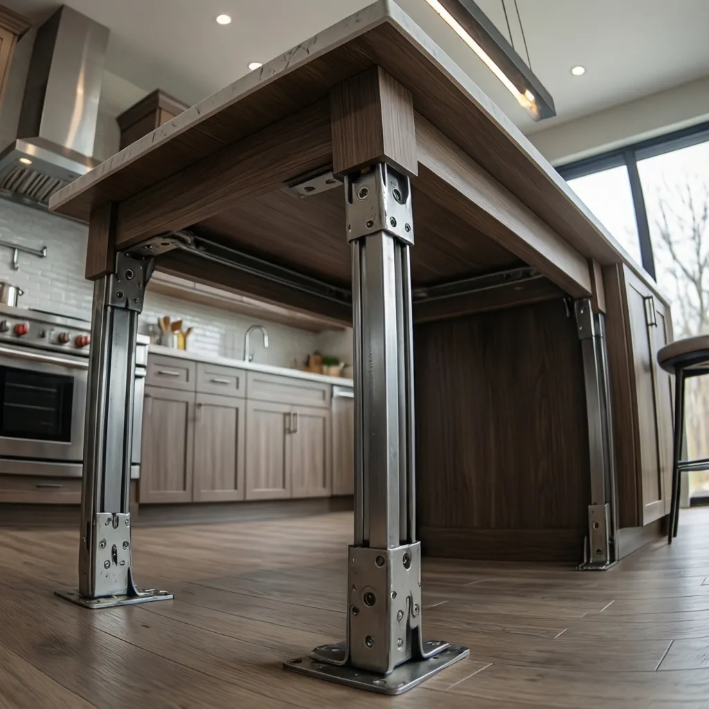 Hidden steel bracket reinforcing decorative kitchen island support leg
