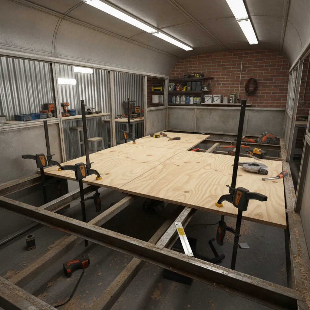 Reinforcing a vintage RV subfloor with new plywood and cross supports