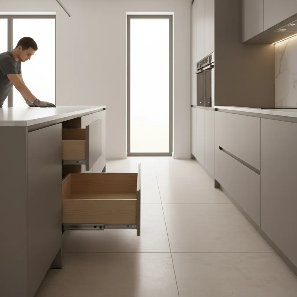 Aligning kitchen drawer with bottom slide rails for reinstallation