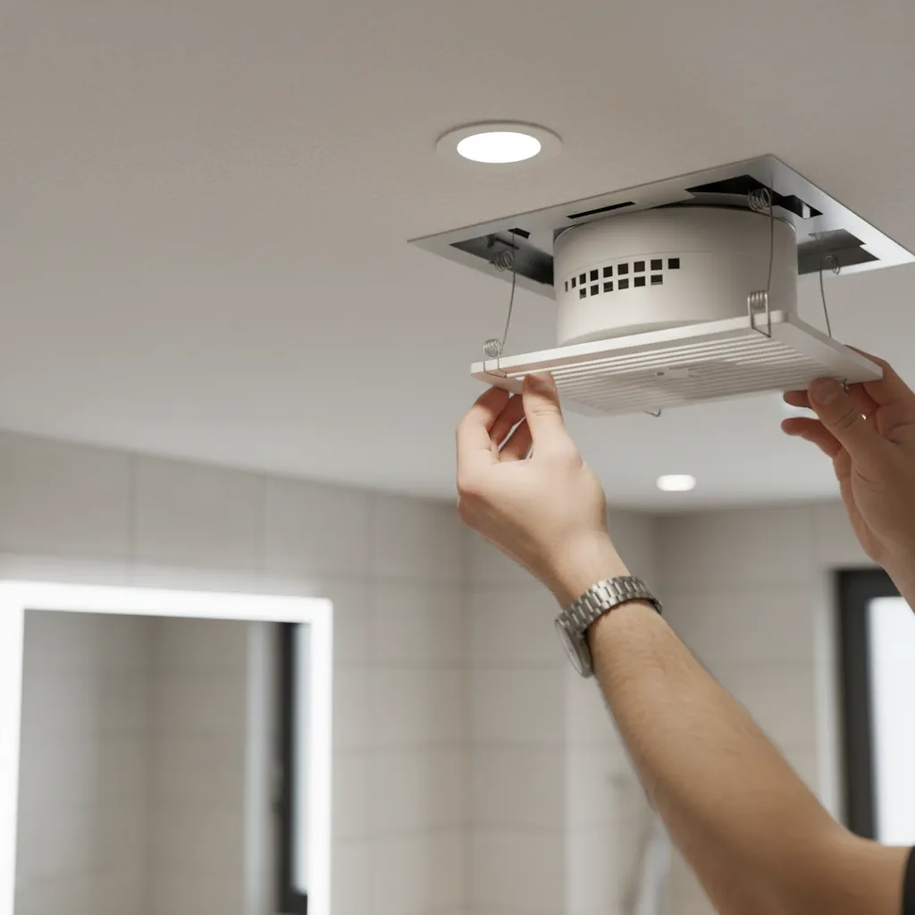 Reinstalling a bathroom exhaust fan cover into ceiling housing