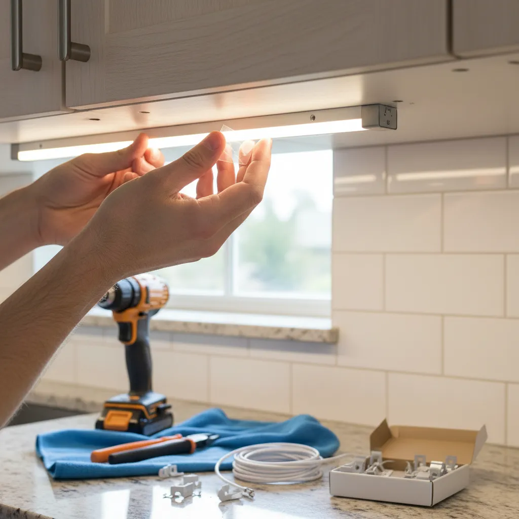 Reinstalling under cabinet light using mounting plate and adhesive strip