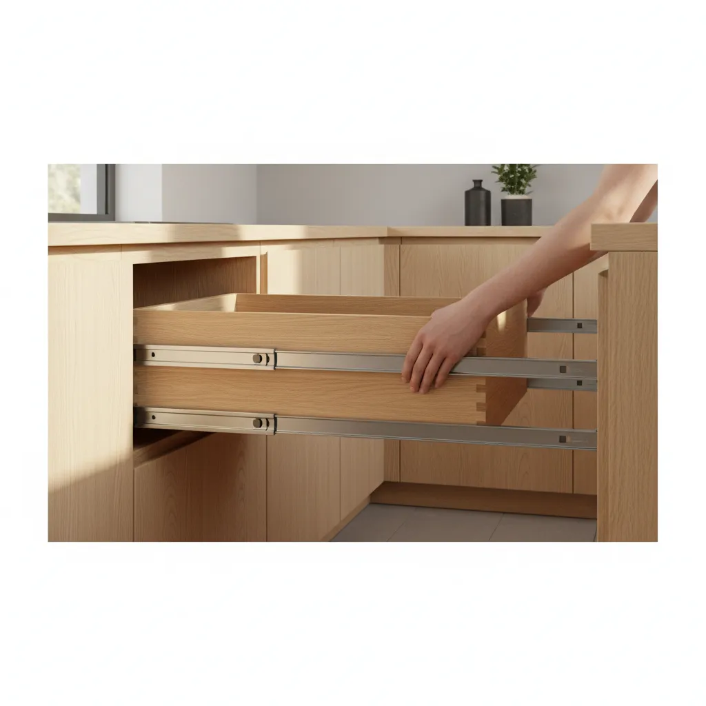 Person installing a wooden kitchen drawer by carefully aligning the metal slides into the cabinet frame