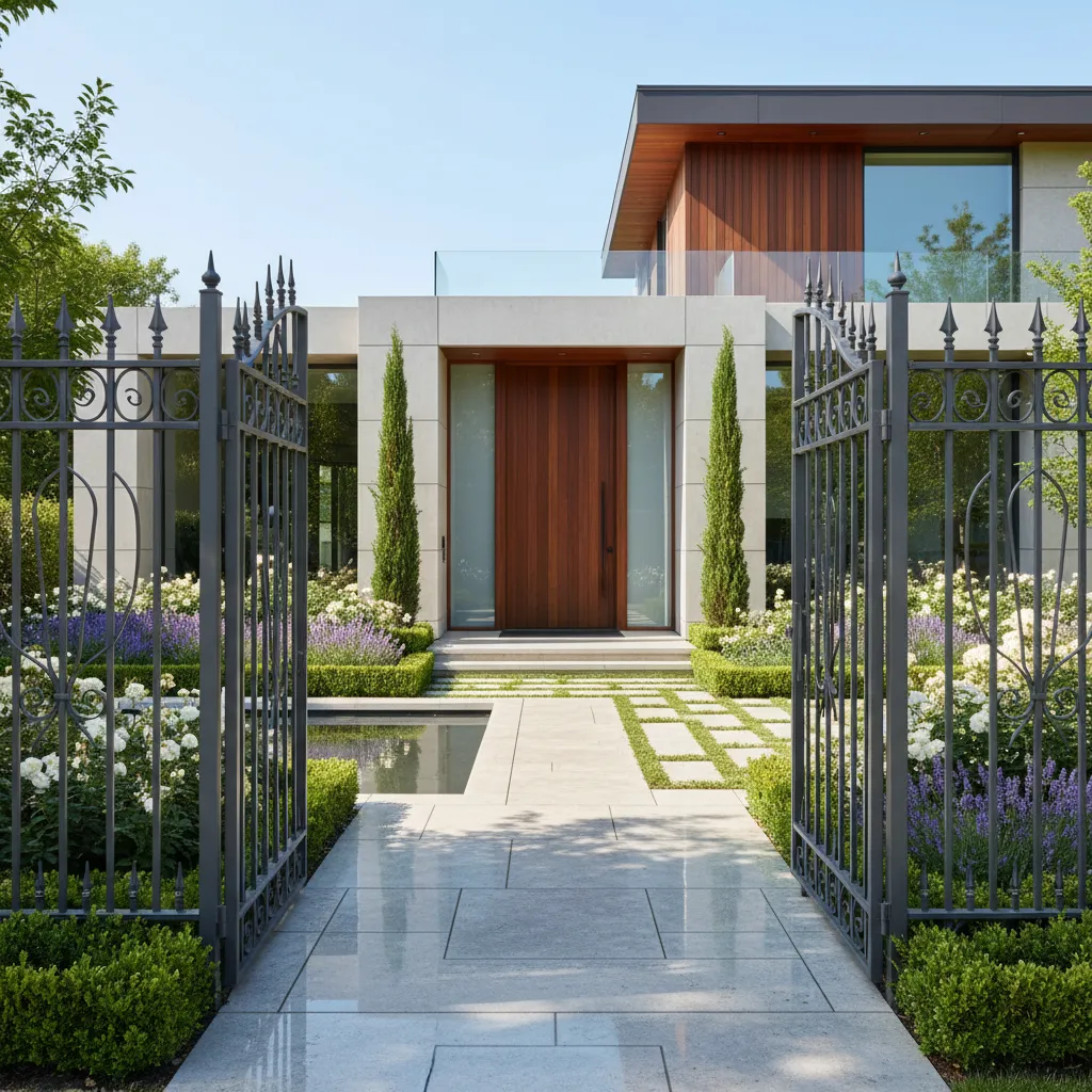 Casa con jardín delantero y reja metálica elegante