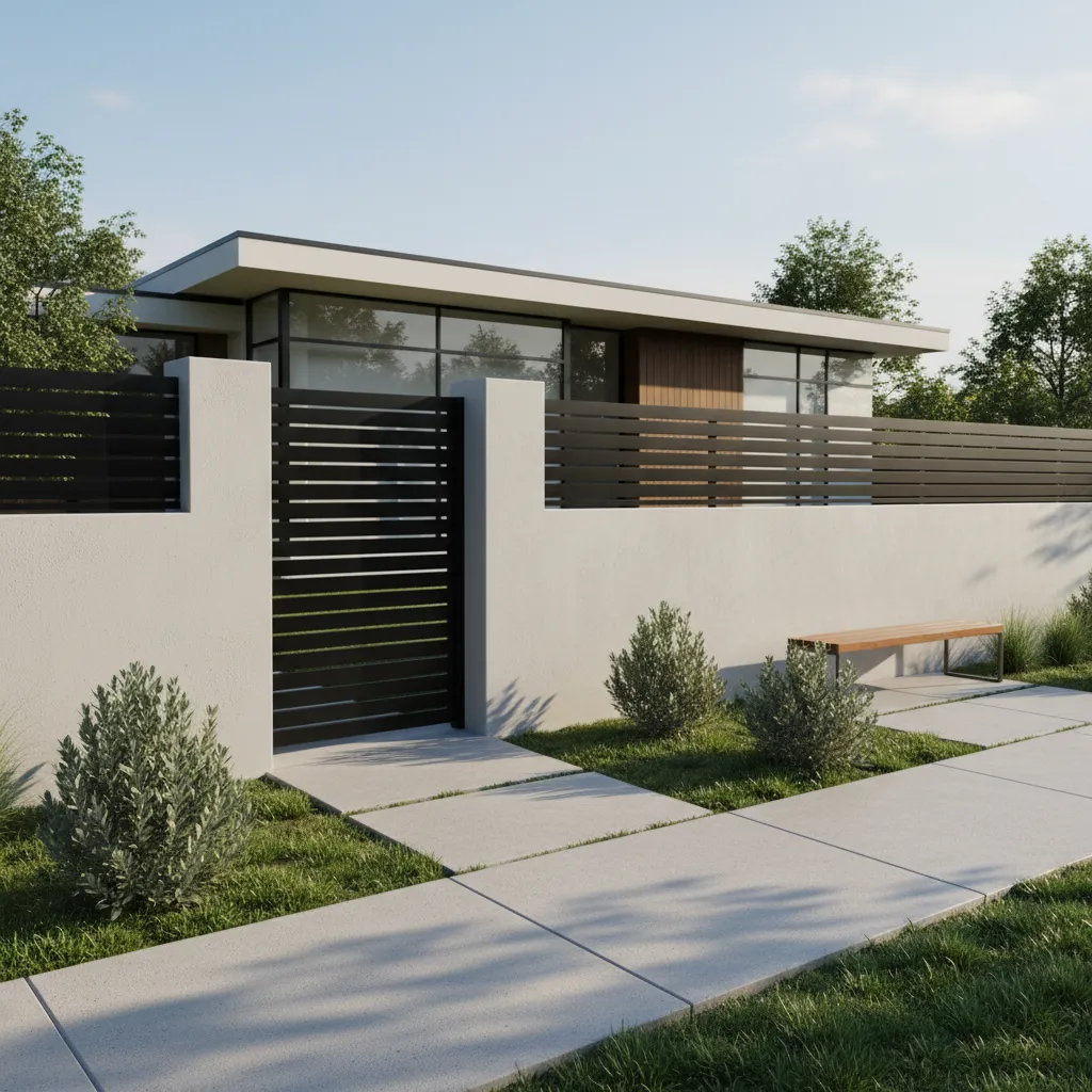 Frente de casa con muro bajo y reja metálica moderna