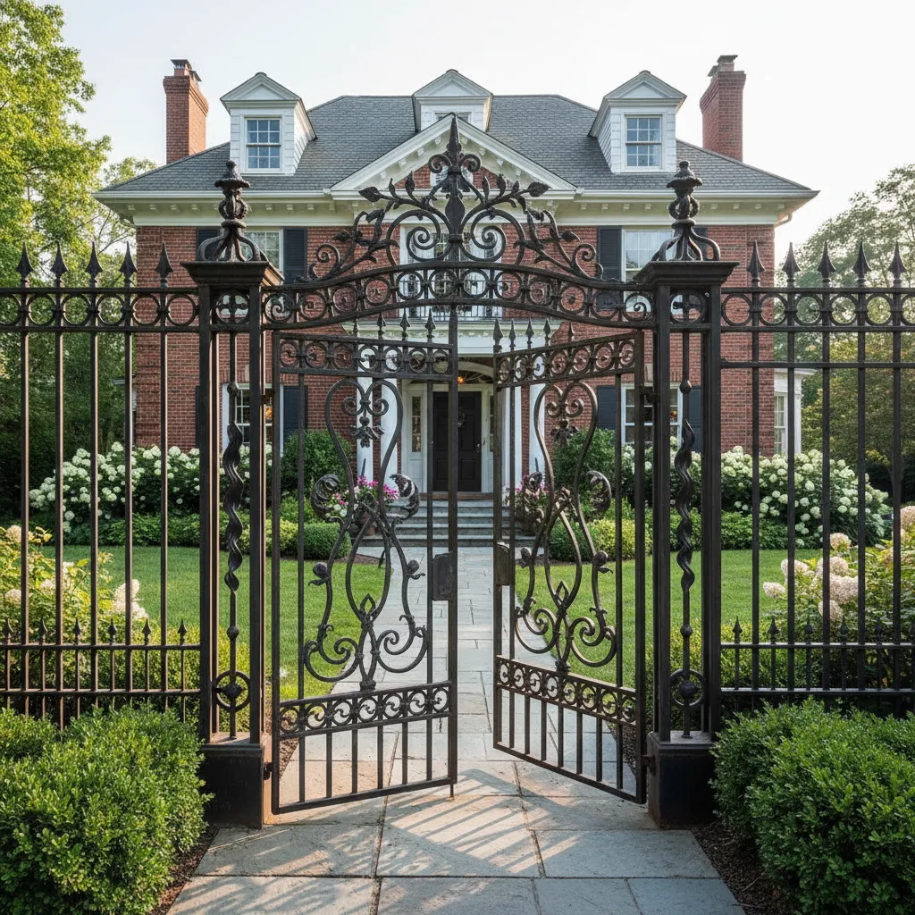 Traditional black metal garden gate open to brick house with white framed windows and lawn