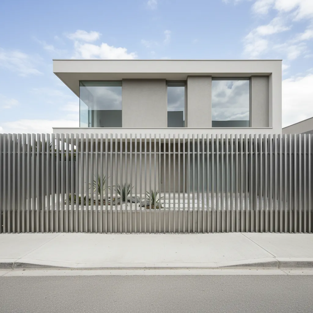 Reja minimalista con barrotes verticales frente a una casa moderna