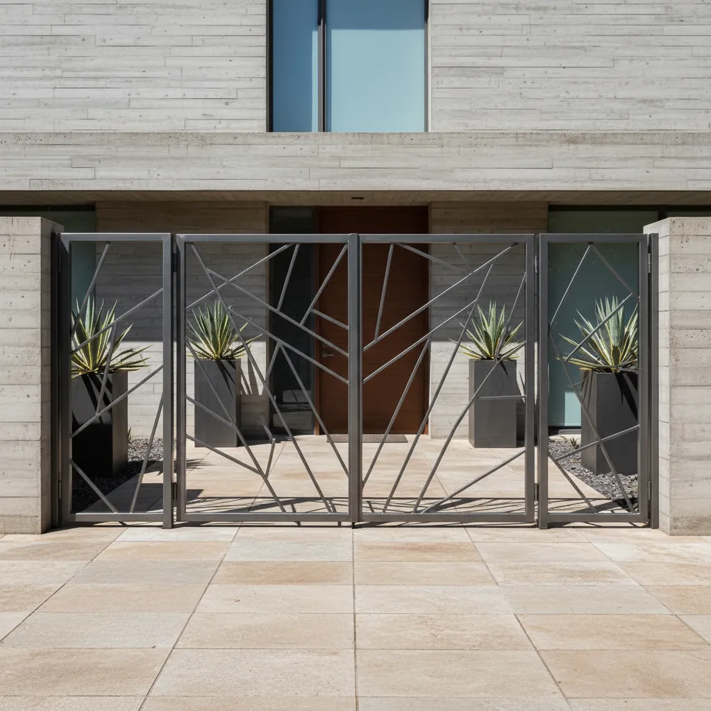 reja decorativa con patrón geométrico en entrada de vivienda