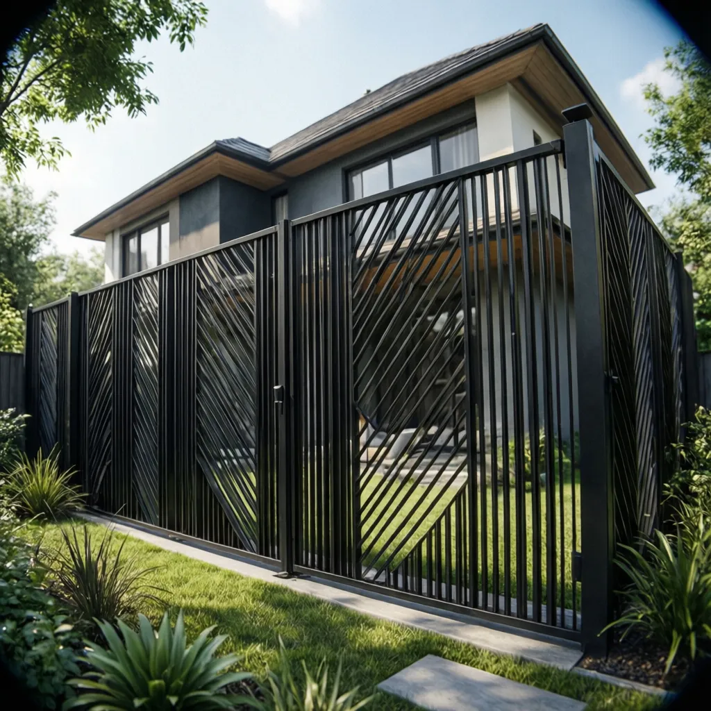 Reja con patrón geométrico moderno instalada en el frente de una vivienda