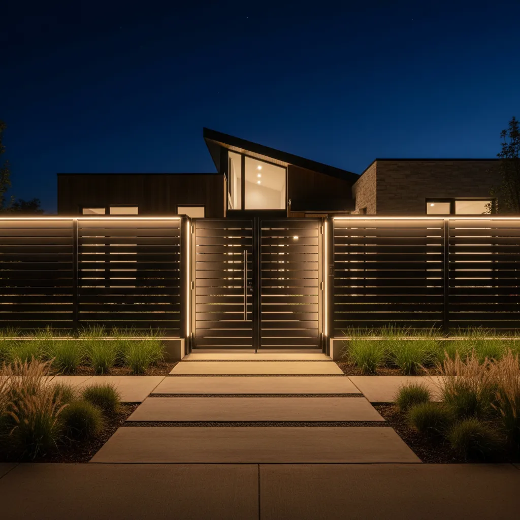 reja exterior iluminada por luces cálidas en la fachada